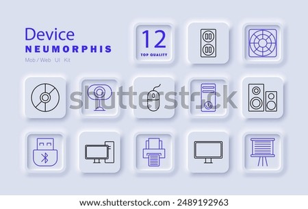 Device set icon. Camera, mouse, monitor, speaker, USB, printer, CPU, fan, projector, webcam, outlet, Bluetooth.