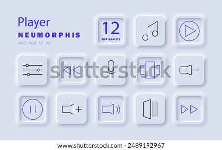 Player set icon. Music note, play, microphone, volume, pause, rewind, forward, equalizer, adjust, speaker, sound, audio.