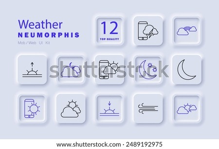 Weather set icon. Sunrise, clouds, moon, mobile app, rainbow, wind, storm, forecast, sunny, night, partly cloudy, temperature.