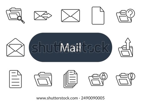 Mail set icon. Folder, envelope, document, outbox, inbox, paper, stamp, letter, email, message, attachment, mail, communication, post, correspondence.