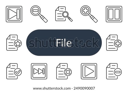 File set icon. Document, magnifying glass, plus, minus, favorite, play, pause, checkmark, cross, organization, data, storage, information, zoom, view, details, add, remove, digital, system.