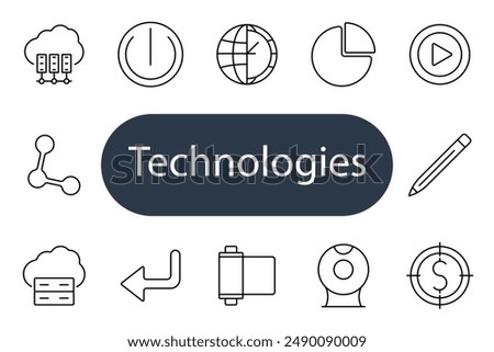 Technologies set icon. Cloud, power button, globe, chart, play, share, database, arrow, camera, dollar, network, server, digital, data, innovation.