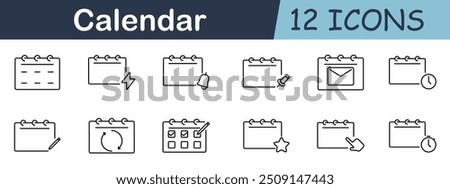 Calendar event icon set. Schedule, reminder, business, search, call, checkmark, date, currency, add, settings, plan, organization, event, appointment, task, management, planning