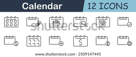 Calendar event icon set. Schedule, reminder, business, search, call, checkmark, date, currency, add, settings, plan, organization, event, appointment, task, management, planning