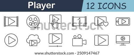 Player set icon. Play, film, video, screen, cloud, camera, heart, monitor, movie, finger, control, media.