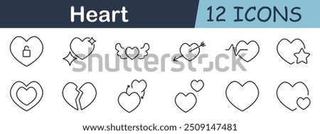 Heart set icon. Love, wings, arrow, heartbeat, star, broken heart, connection, sparkle, romance, relationship, affection, emotion, care, health, symbol, sentiment, support