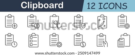 Clipboard set icon. Add, information, magnifying glass, strategy, plus, check, shield, gear, clock, time, dollar, note, document, list, paper, organization, task