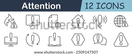 Attention set icon. Warning, fire, chat, home, shield, bell, globe, exclamation, triangle, alert, notice, hazard, caution, danger, security, safety, risk, sign