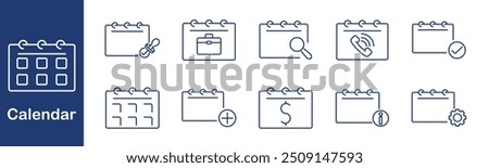 Calendar event icon set. Schedule, reminder, business, search, call, checkmark, date, currency, add, settings, plan, organization, event, appointment, task, management, planning