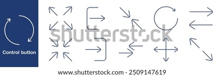 Arrow direction icon on blue background. Circular, expand, exit, inward, rotate, transfer, reverse, shrink, outward, horizontal, vertical, diagonal, movement, navigation, pointer, control.