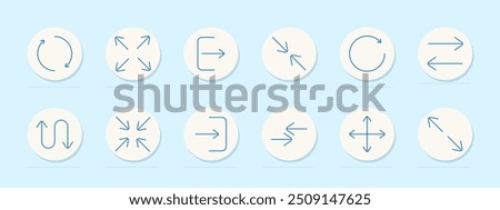 Arrow direction set icon. Circular, expand, exit, inward, rotate, transfer, reverse, shrink, outward, horizontal, vertical, diagonal, movement, navigation, pointer, control.