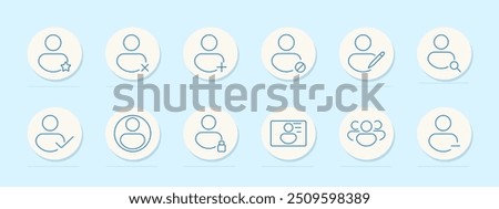 User profile set icon. Add, remove, star, edit, search, verified, block, ID card, group, person, avatar, account, identity, membership, online, social, community, access, login, security.