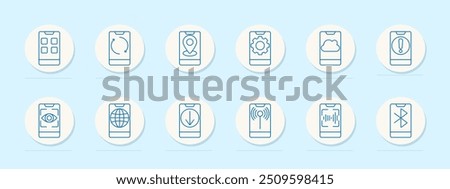 Mobile app set icon. Home screen, sync, location, settings, cloud, alert, visibility, globe, download, signal, sound, Bluetooth, navigation, communication, technology, device, software, internet