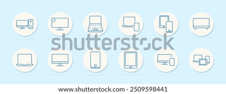 Computer set icon. Desktop, monitor, laptop, tablet, smartphone, television, display, screen, device, hardware, technology, gadget, electronics, workstation, digital, multimedia, home office