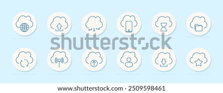 Cloud services set icon. Internet, upload, circuit, smartphone, hourglass, folder, sync, network, signal, user, download, favorite, technology, storage, connection, online, communication, computing