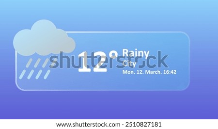 Rain 12 Degrees Celsius weather forecast, city, date. Cloudy, thunderstorm, downpour, overcast, cold, wind speed, precipitation, temperature, atmosphere, Fahrenheit, conditions synoptic. Glassmorphism