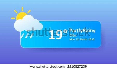 Partly rainy 19 Degrees Celsius weather forecast, date, city location. Cloudy, lightning, thunderstorm, downpour, overcast, cold, wind speed, air, precipitation, temperature, Fahrenheit, UV synoptic