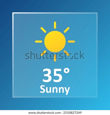 Sunny 35 Degrees Celsius weather forecast. Summer, hot, warm, air, heat, drought, precipitation, temperature, atmospheric pressure, Fahrenheit, conditions, high UV index, synoptic. Glassmorphism