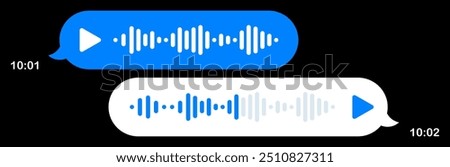 Voice messages in messenger. Speech bubbles, black background, texting, Hi, place your content, sound, play button, playback speed, mail, send, delivered, read, communication, online, sending time