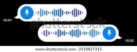 Voice messages. Speech bubbles, black background, texting, Hi, place your content, play button, playback speed, mail, send, delivered, read, communication, online, sending time, microphone, record