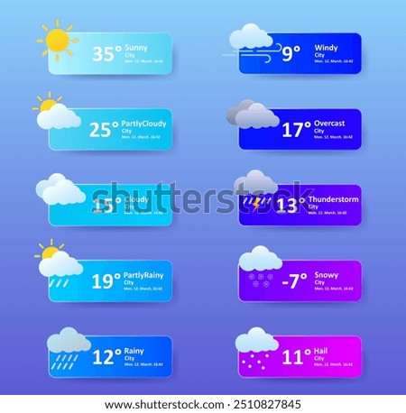 Weather forecast app. Sunny, partly cloudy, rainy, overcast, hail, precipitation, windy, thunderstorm, snow, lightning, snowflake, min max temperature, city location, degrees Celsius, Fahrenheit