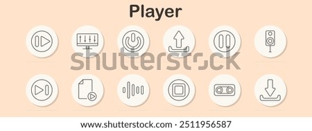 Player set icon. Play, pause, stop, volume control, audio settings, download, upload, speaker, media player, file playback, video controls, sound system, streaming