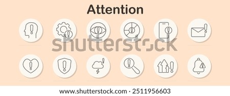 Attention set icon. Alert, notification, security, warning, message, health alert, weather warning, critical update, system error, emergency, important information, risk management, safety notice