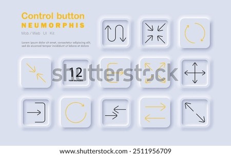 Control button set icon. Arrows, directions, navigation, rotate, expand, minimize, forward, backward, neomorphic style, interface controls