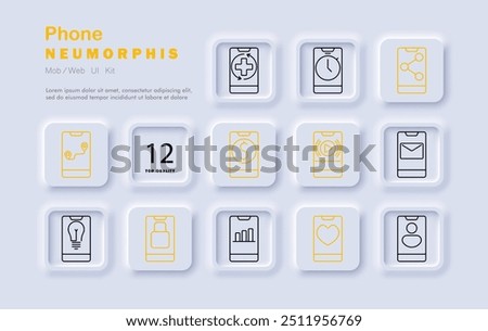 Phone set icon. Map, healthcare, clock, social network, message, dollar, lightbulb, padlock, play button, heart, statistics, connection, neomorphic style, mobile interface, communication