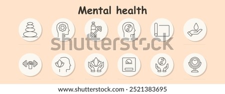 Mental health set icon. Balanced stones, cog in head, dumbbells, mind balance, yoga mat, water in hand, dumbbells, head with flower, hands with lotus, weighing scale, yin-yang, self-reflection mirror.