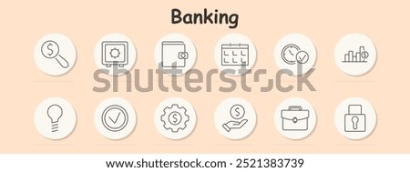 Banking set icon. Dollar magnifying glass, safe, wallet, calendar, clock, chart, idea, checkmark, cog, payment, briefcase, lock, finance, investment, savings, security