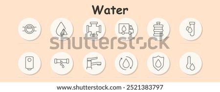 Water set icon. Droplet with warning, pipes, faucet, truck, bottle, lab test, water cycle, shield, filtration, leakage, water transportation, plumbing, purification, hydration, environmental