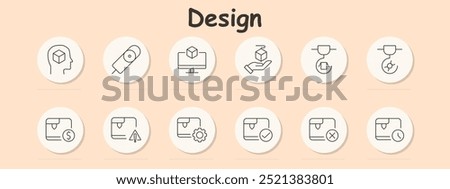 Design set icon. 3D printing, cube, computer, hand holding a cube, printer, warning, settings, checkmark, cross, clock, object creation, technology, printing error, control, maintenance