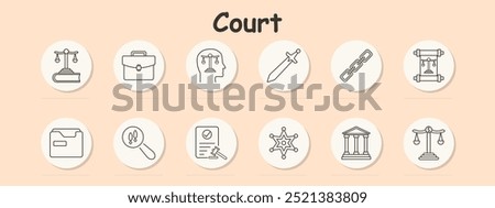 Court set icon. Scales of justice, briefcase, head with justice symbol, sword, chain, courthouse, star badge, document with checkmark, magnifying glass, court order, legal system, trial, law