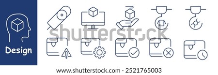 Design set icon. 3D printing, cube, computer, hand holding a cube, printer, warning, settings, checkmark, cross, clock, object creation, technology, printing error, control, maintenance