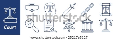 Court set icon. Scales of justice, briefcase, head with justice symbol, sword, chain, courthouse, star badge, document with checkmark, magnifying glass, court order, legal system, trial, law