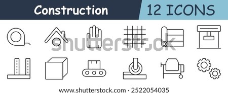 Construction set icon. Wood plank, pipe, bucket, pillar, house, conveyor, mining cart, metal beam, tools, foundation, building, materials