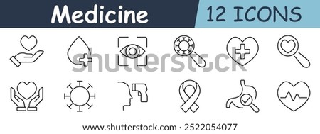 Medicine set icon. Heart, drop, eye, virus, search, ribbon, thermometer, stomach, healthcare, diagnosis, test, awareness.