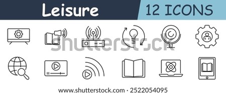 Leisure set icon. Screen, speaker, router, bulb, target, gear, globe, video, signal, book, computer, tablet, entertainment, connectivity, learning.