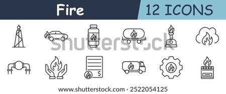 Fire set icon. Oil rig, car, gas tank, Bunsen burner, cloud, pipeline, hands holding, document, fire truck, gear with flame, stove