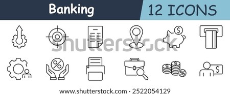 Banking set icon. Gear with arrow, target, document, location pin, piggy bank, ATM, gear with person, percentage in hand, printer, briefcase with magnifier, coins with percentage, person with money