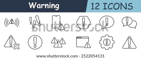 Warning set icon. Alarm signal, exclamation, phone, hexagon sign, speech bubble, crossed sign, circular, stacked triangles, browser with warning