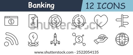 Banking set icon. Online payment, podium, coin, pie chart, heart, direction signs, RSS feed, lightbulb, rocket, network, growth in hand, globe