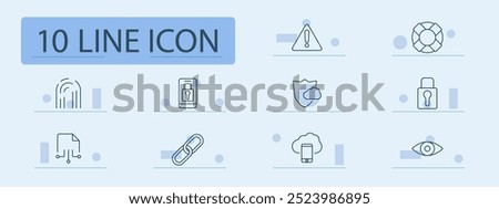 Cybersecurity set icon. Fingerprint, lock, cloud shield, alert, phone, encryption, key, file, backup, chain, eye, protection, data, safety, access, identity, internet, technology.