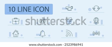 Network set icon. Desktop sharing, file synchronization, briefcase, global communication, house, notification bell, signal, wireless connection, user network, online collaboration, data sharing