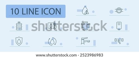 Water and plumbing set icon. Water droplet, truck, filter, pipe, faucet, warning symbol, recycling water, heater, leak, pipeline