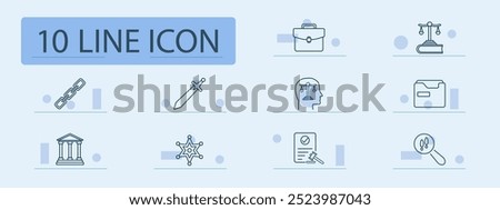 Law and justice set icon. Scale, briefcase, chain, gavel, law book, sheriff, legal documents, courthouse, sword, investigation, judgment, defense, justice, evidence, court, balance, verdict.