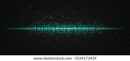 Glowing blue laser beam horizontally with sparkling particles across a dark transparent background, creating a futuristic and high-tech visual effect. Neon flare, laser lines of light