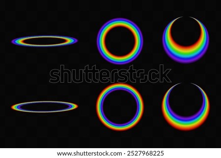 A set of vibrant rainbow light rings and crescent shapes with a glowing effect, displayed against a black, transparent background.