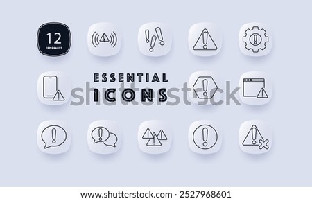 Warning signs set icon. Alert, exclamation marks, caution triangle, gear with alert, phone warning, speech bubbles, browser alert. Perfect for safety, notifications, and caution themes